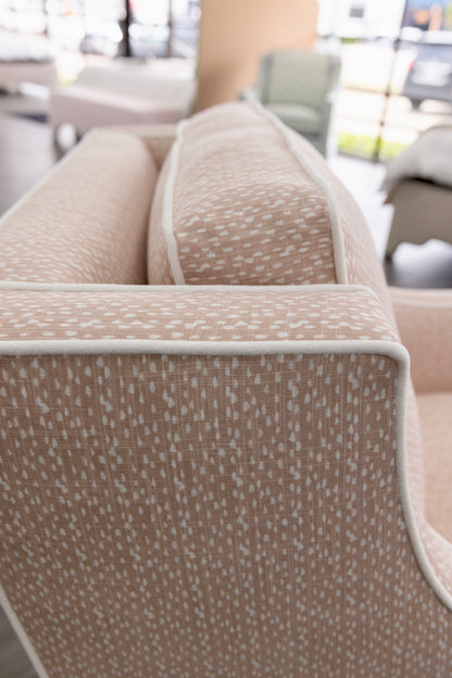 Custom Swivel Glider Chair – Pink Dotted Fabric with White Trim