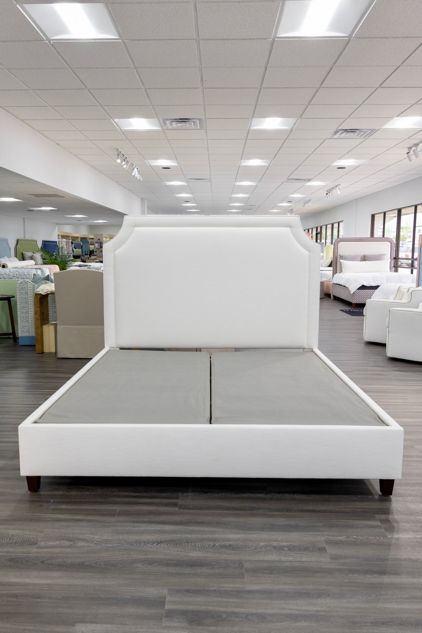 65”H King Platform Bed - Wooden Legs - Off White Linen Fabric