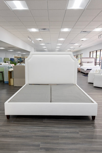 65”H King Platform Bed - Wooden Legs - Off White Linen Fabric