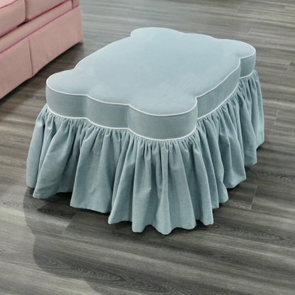 Cloud-Style Skirted Ottoman – Sky Blue Fabric & White Trim