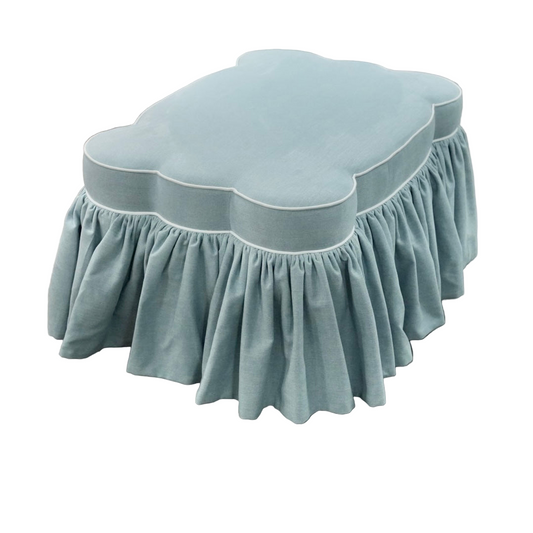 Cloud-Style Skirted Ottoman – Sky Blue Fabric & White Trim
