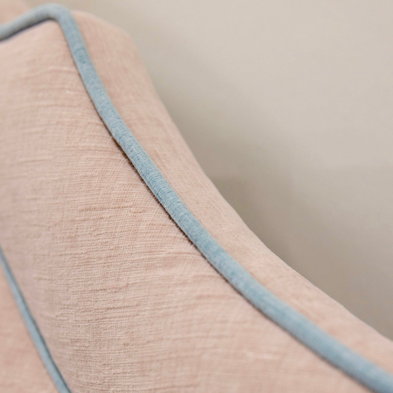 The Grace Queen Bed - Pink Performance Chenille Fabric - Sky Blue Trim