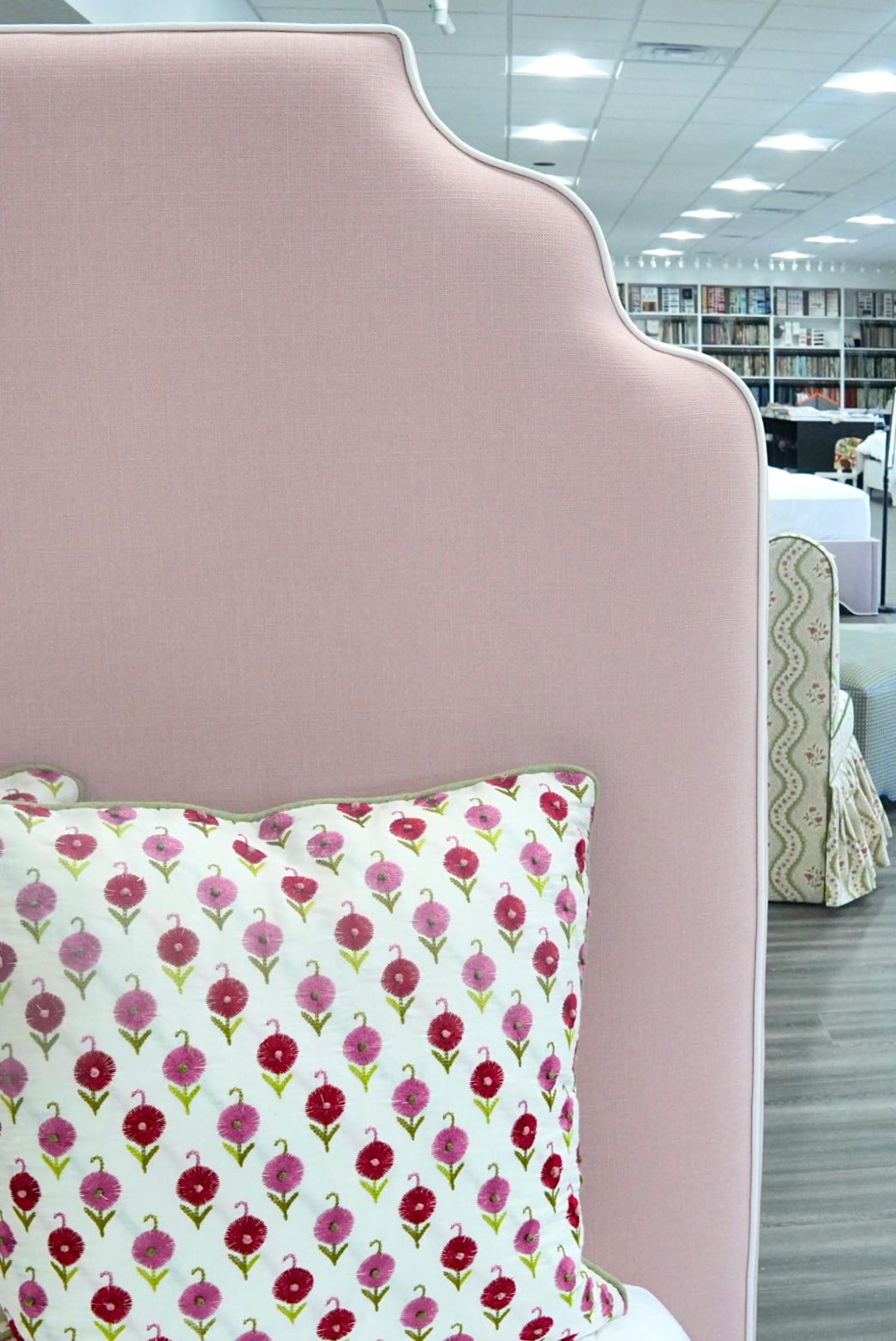 60”H Twin Scalloped Platform Bed in our Blush Pink Linen - White Trim
