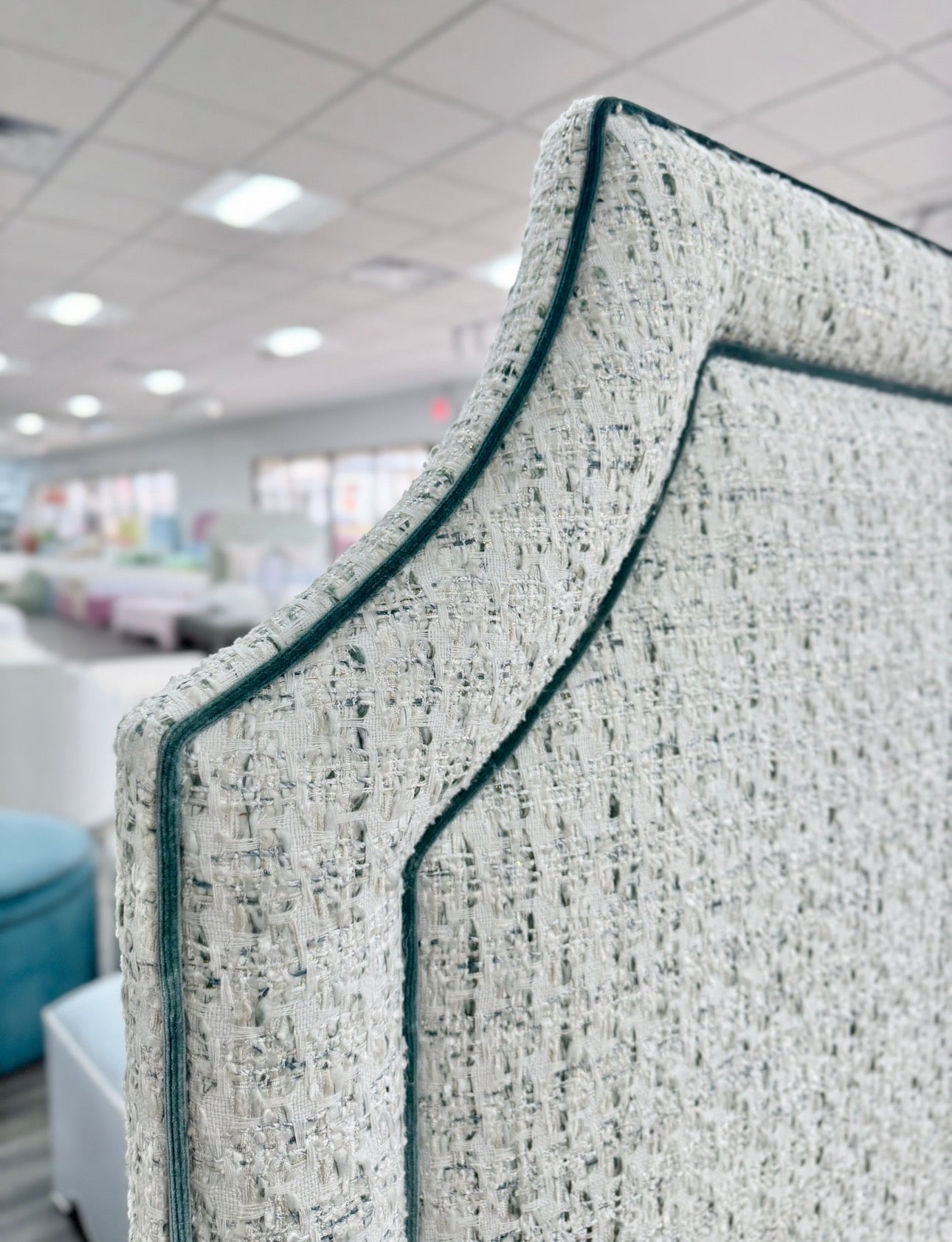 65" H King Platform Bed - Scalloped Legs - Textured Kravet Fabric- Teal Trim