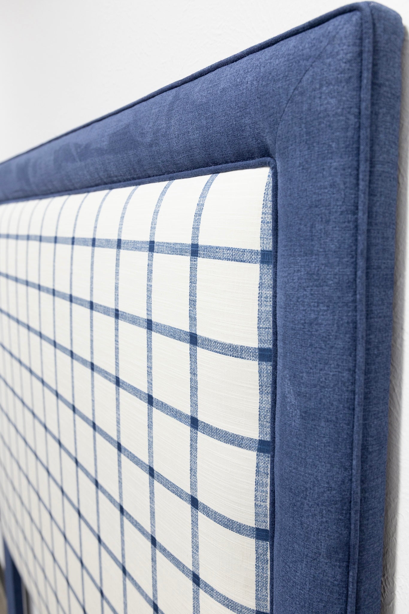 The Lorraine Queen Headboard - Navy Plaid Fabric - Navy Trim