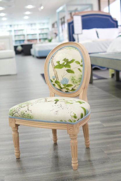 Custom Upholstered Tiny Chair in Thibaut Floral Fabric - Blue Trim