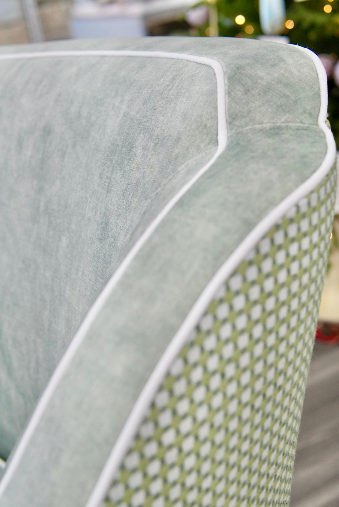 Custom Rachel Scalloped Swivel Chair: Thibaut Darcy Fabric