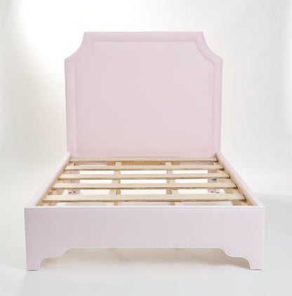 65” H Queen Upholstered Platform Bed - Scalloped Legs - Powder Pink Woven Fabric with White Trim