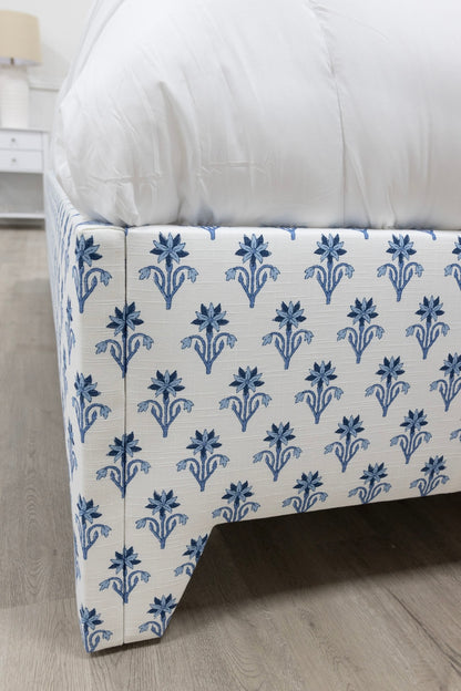 The Jacob King Bed - Blue Floral Linen Fabric - Navy Trim