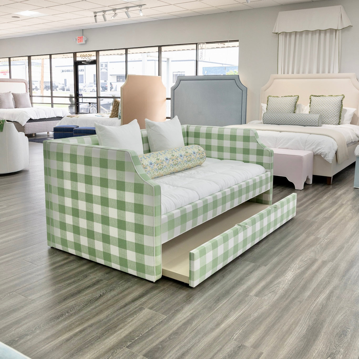 The Addison Twin Trundle Daybed - Buffalo Sage Green Fabric - White Trim