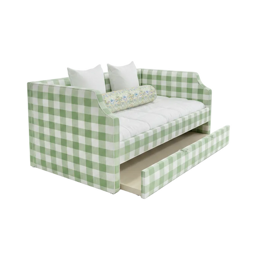 Twin Trundle Daybed - Sage Green Checkered Fabric with White Trim