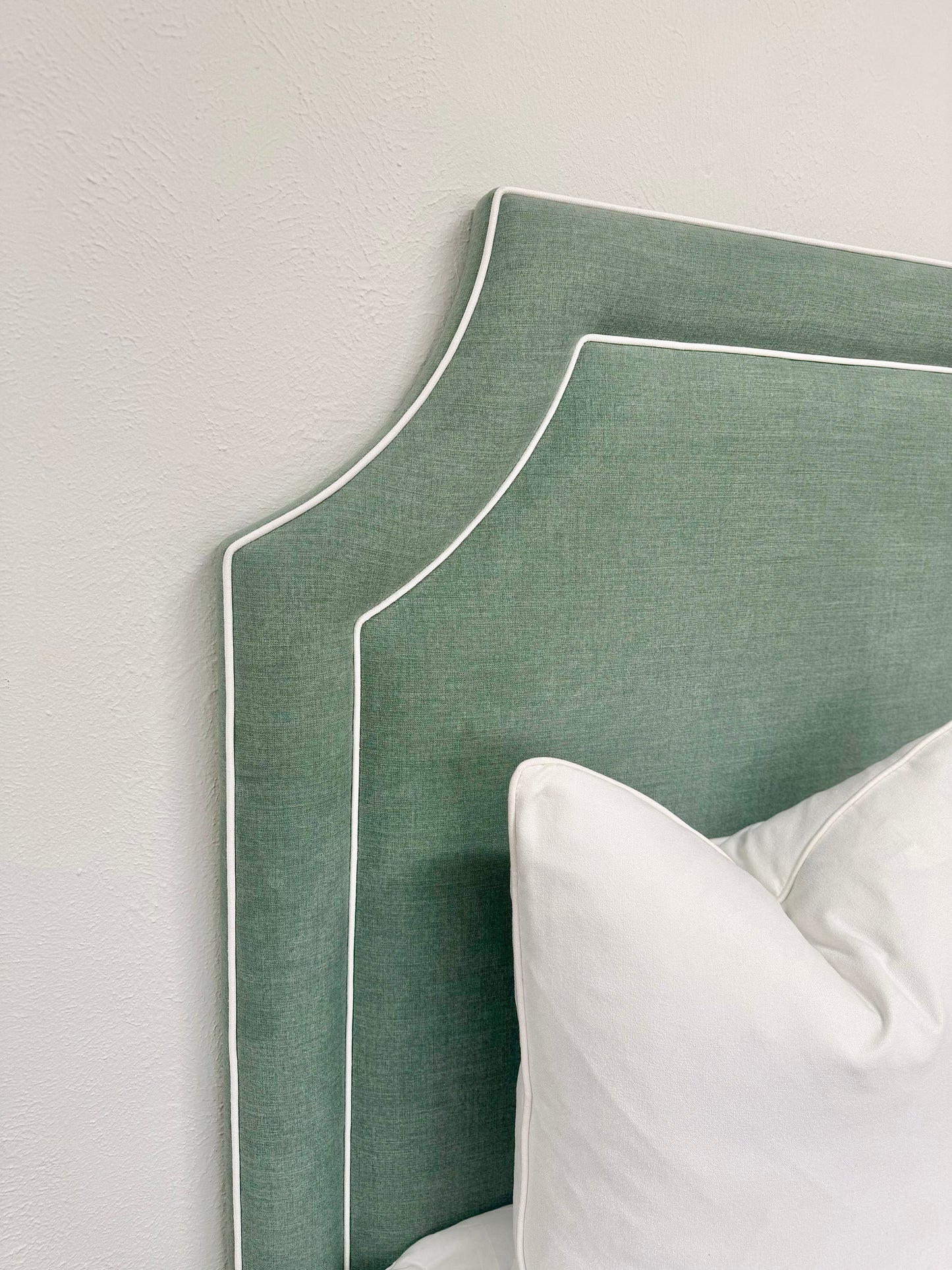 65"H King Headboard in Sage Woven Fabric - White Trim