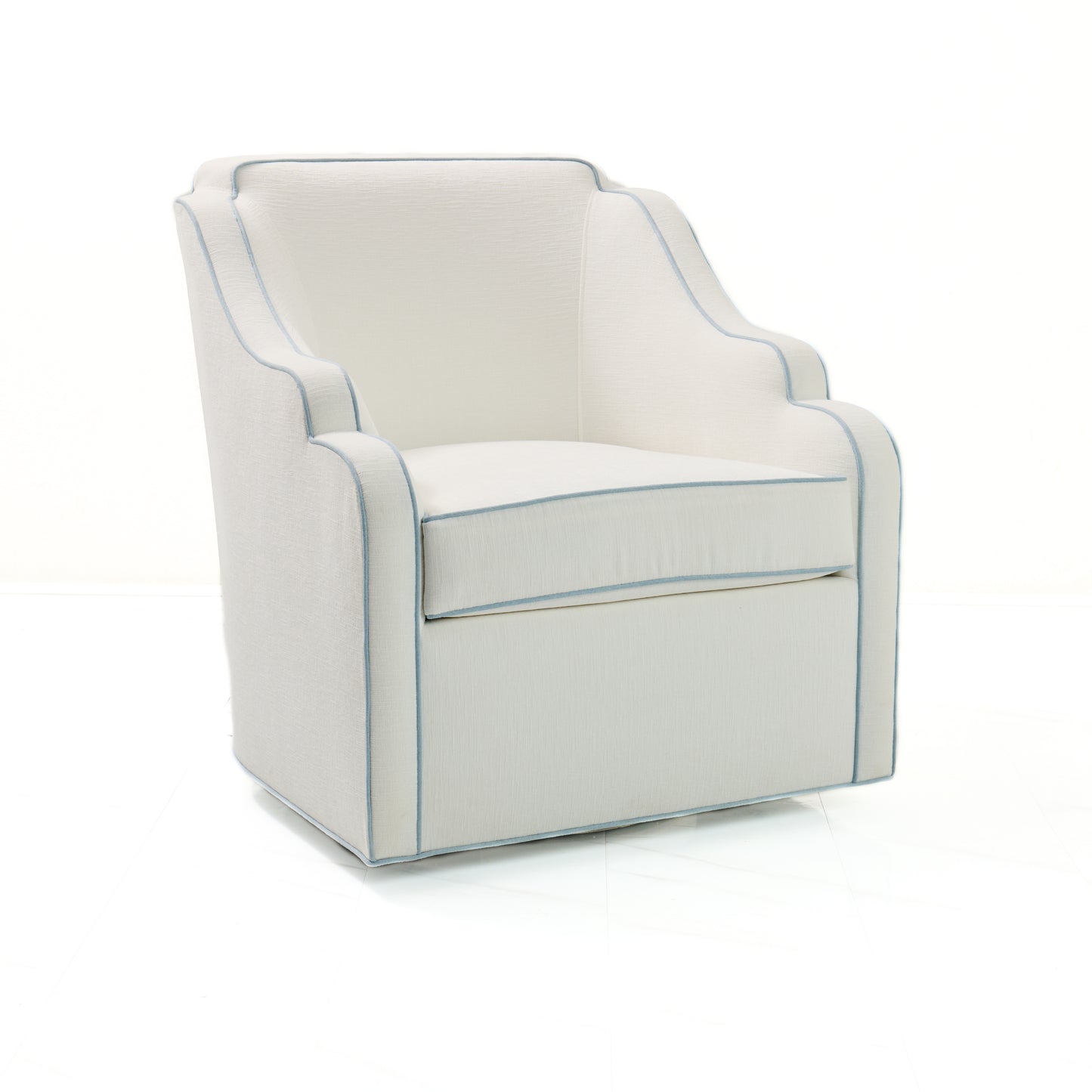 Custom Scalloped Swivel Chair: White Performance Fabric - Sky Blue Trim