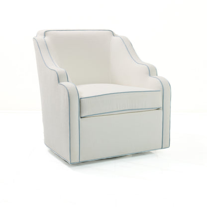 Custom Scalloped Swivel Chair: White Performance Fabric - Sky Blue Trim