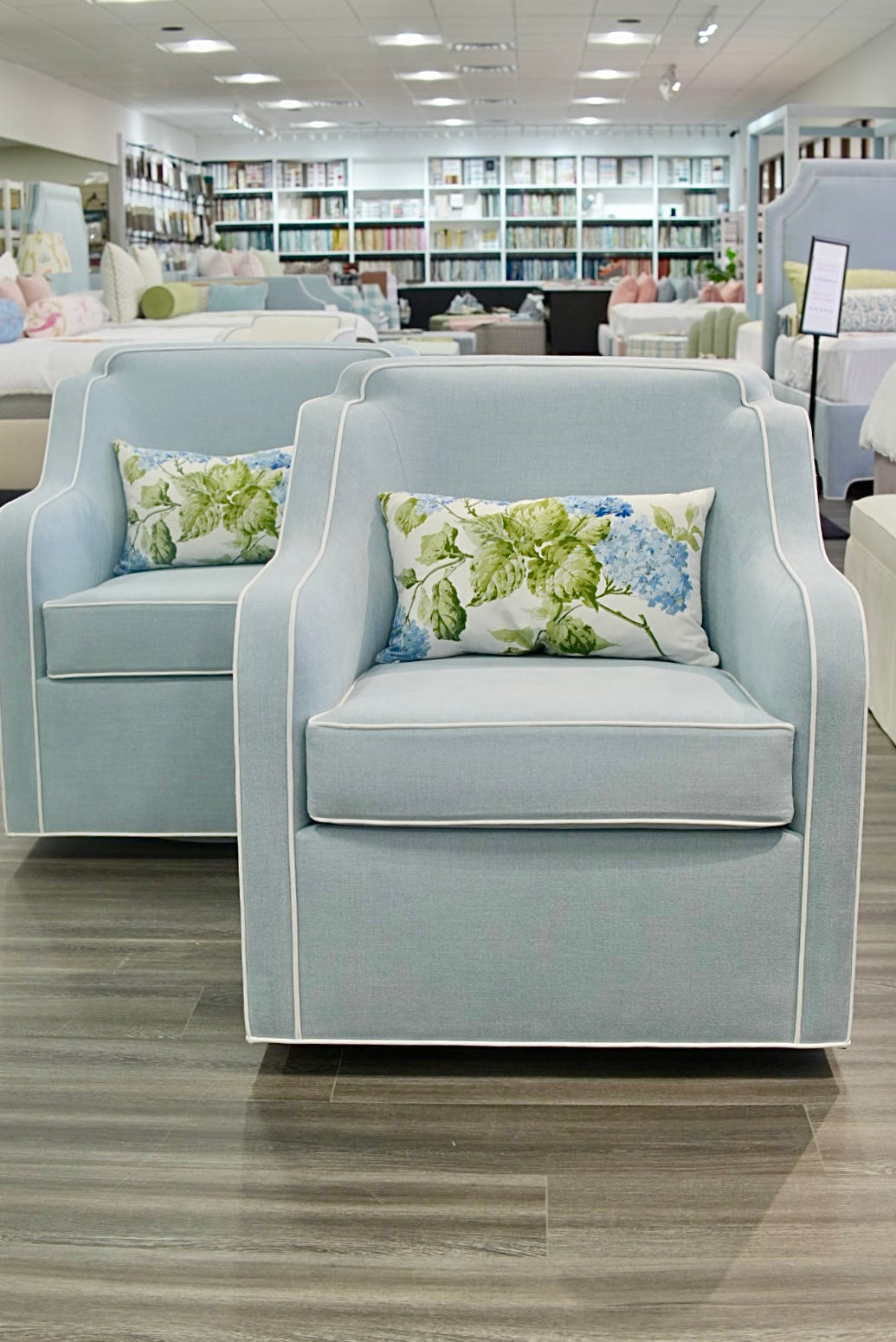 Custom Scalloped Swivel Chair: Sky Blue woven Fabric