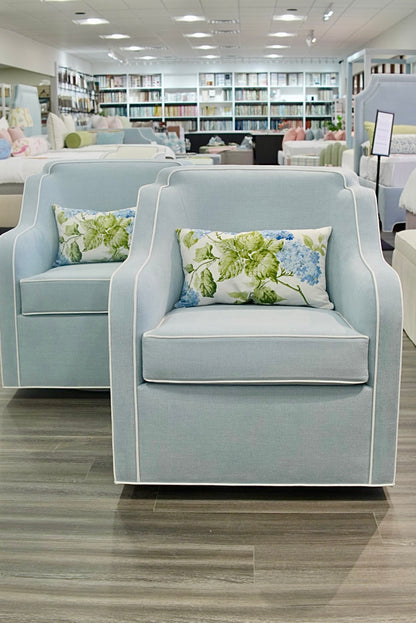 Custom Scalloped Swivel Chair: Sky Blue woven Fabric