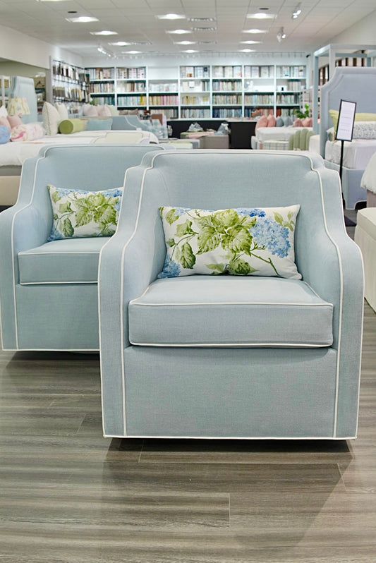 Custom Scalloped Swivel Chair: Sky Blue woven Fabric