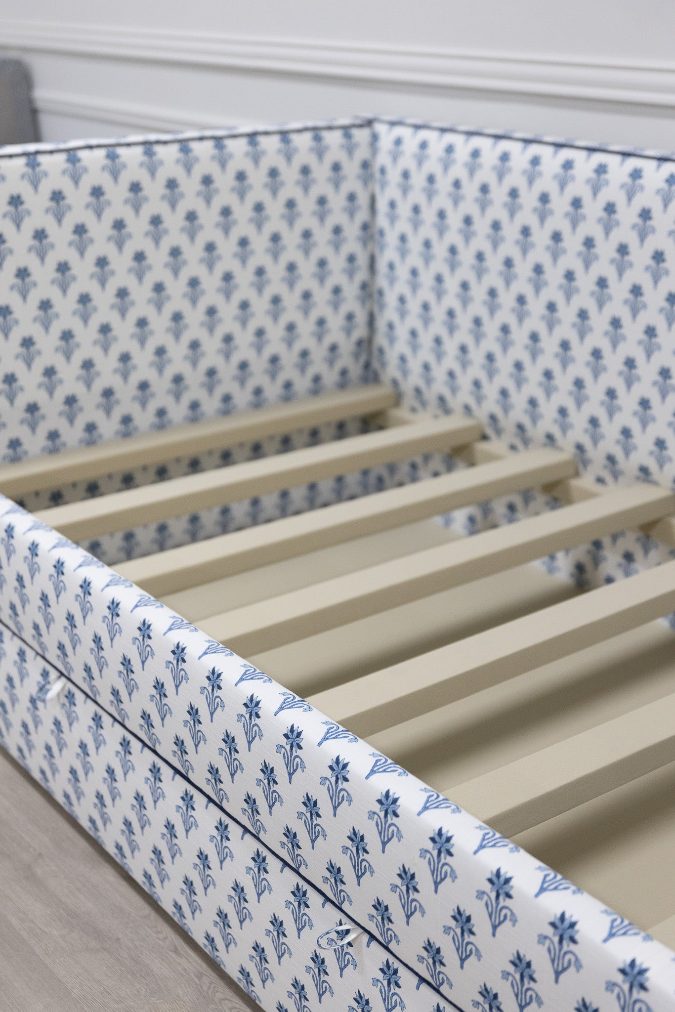 The Addison Twin Trundle Daybed - Lobelia Blues Fabric - Navy Trim
