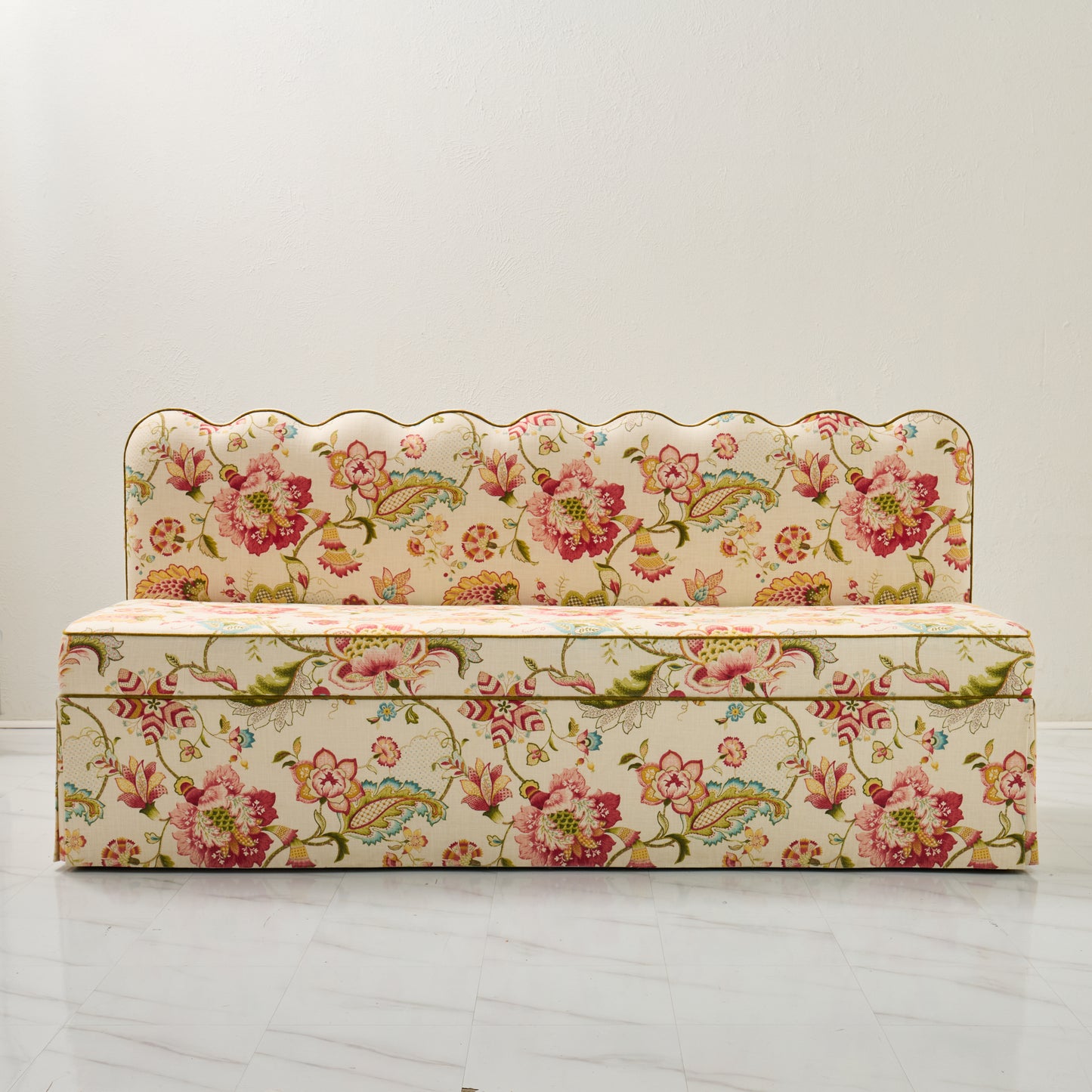 76"L Custom Scalloped Banquette in Ophelia Blossom - Modern Upholstered Dining Banquette with Pleated Skirt