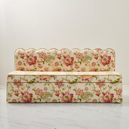 76"L Custom Scalloped Banquette in Ophelia Blossom - Modern Upholstered Dining Banquette with Pleated Skirt