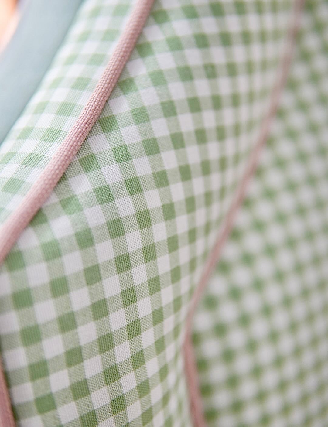 65”H Queen Platform Upholstered Bed - Sage Green Gingham Fabric with Blush Pink Trim