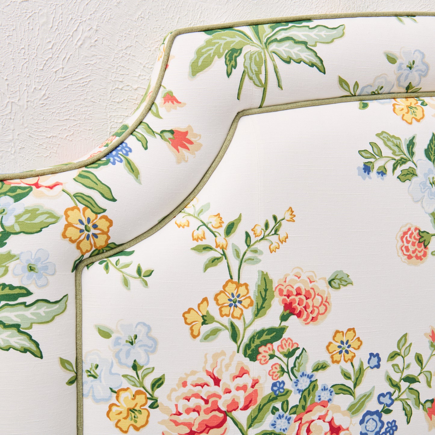 The Aliana King Headboard - Fabricut Floral Bouquet Fabric - Green Trim