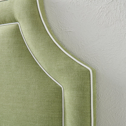 65”H King Upholstered Platform Bed - Scalloped Legs - Pistachio Green Woven Fabric with White Trim