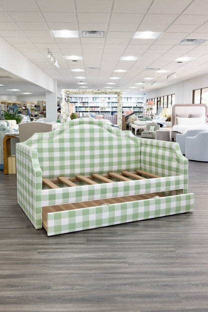 The Grace Twin Trundle Daybed - Buffalo Sage Green Fabric - White Trim