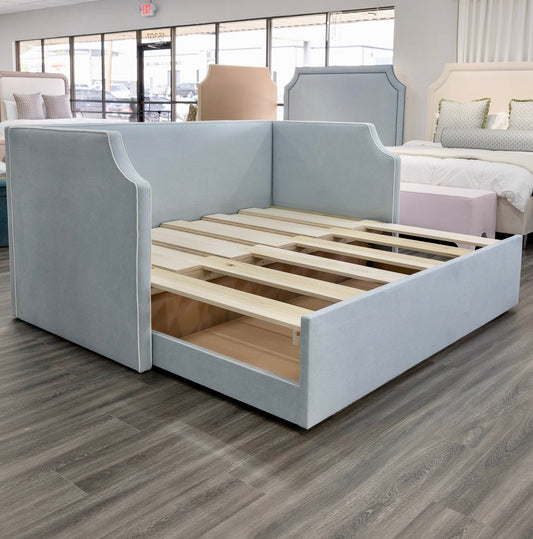 The Addison Twin to King Trundle Daybed - Sky Blue Woven fabric - White Trim