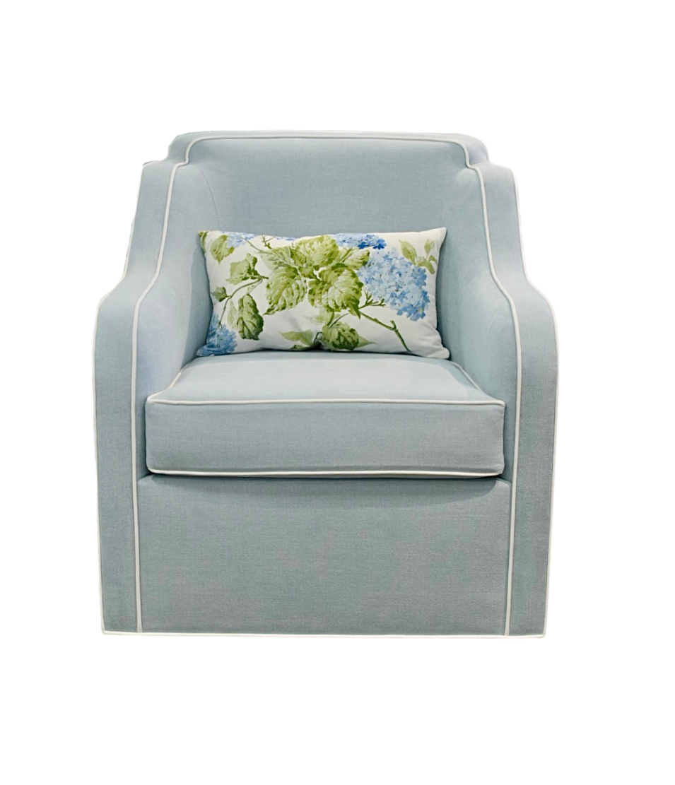 Custom Scalloped Swivel Chair: Sky Blue woven Fabric