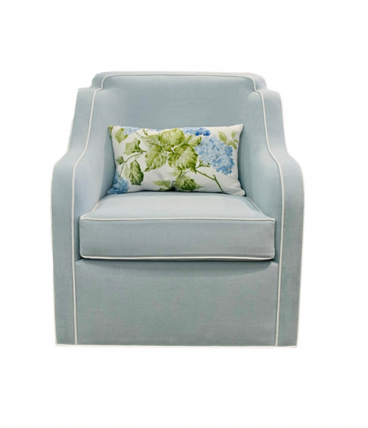 Custom Scalloped Swivel Chair: Sky Blue woven Fabric