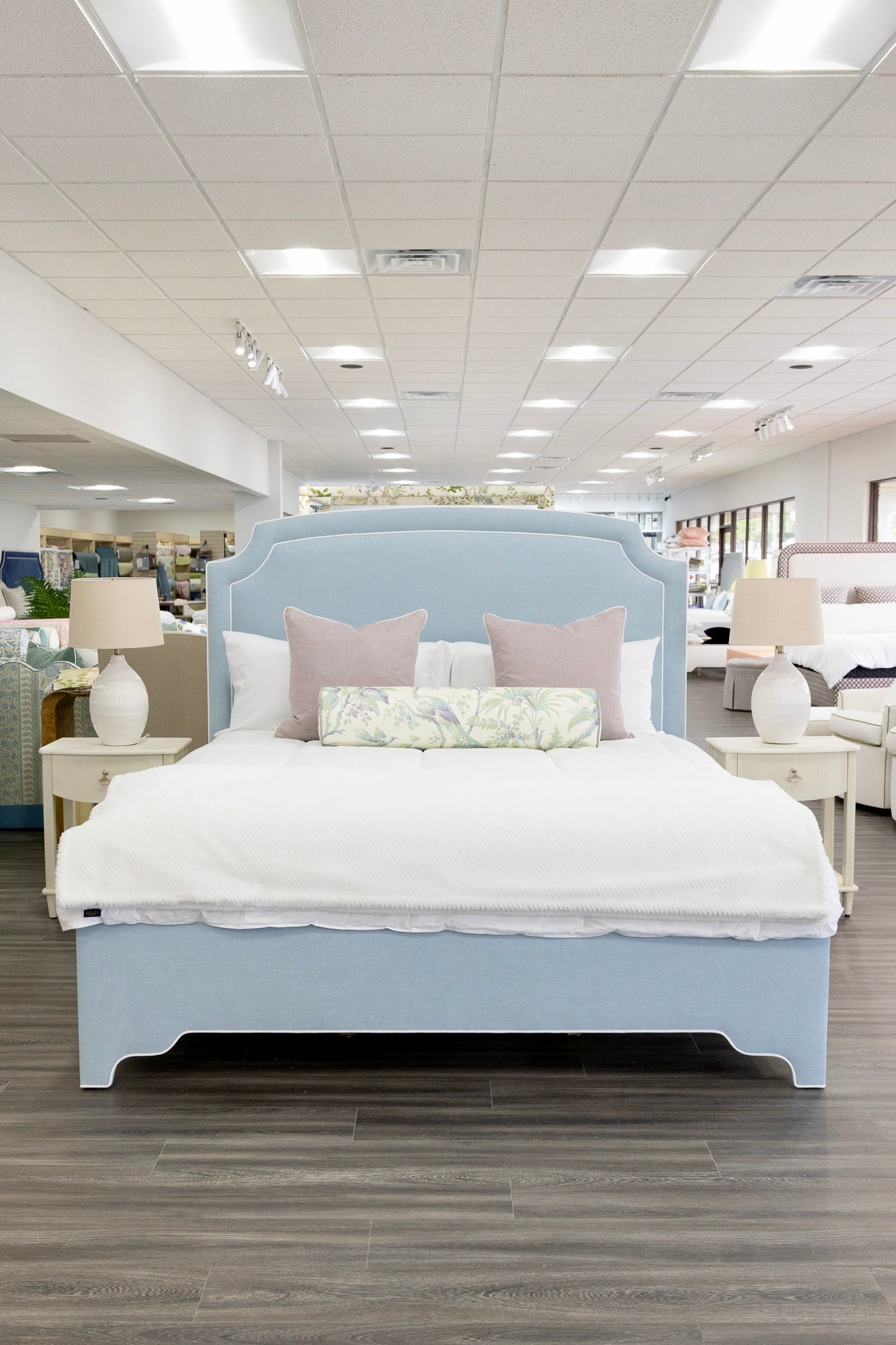 The Aliana King Bed - Scalloped Legs - Sky Blue Woven Fabric with White Trim