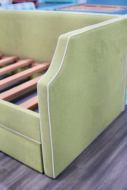 Twin Trundle Daybed - Pistachio Green Woven Fabric with White Trim