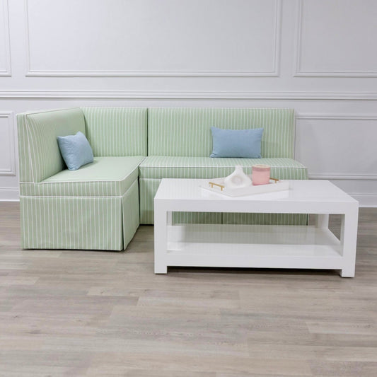  Custom Upholstered Skirted Banquette – Green Striped Fabric, White Piping