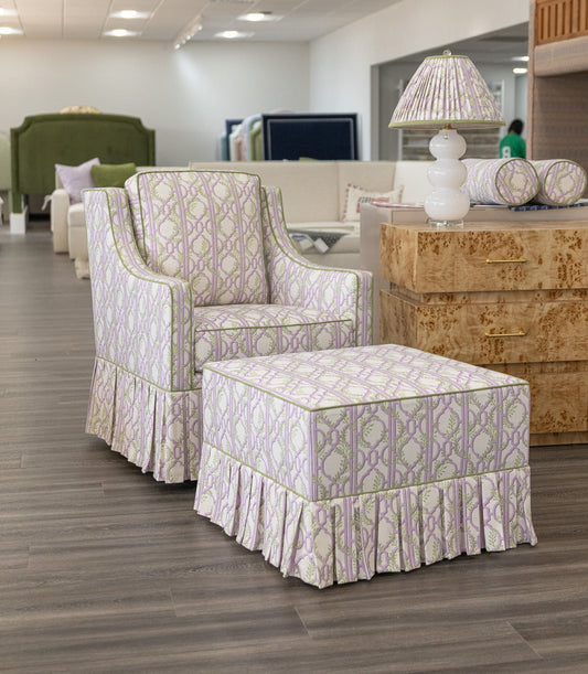 The Camille Glider Chair – Colette  Lavender Fabric - Pistachio Green Trim