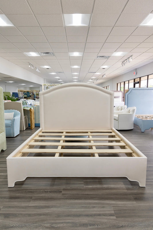 65"H King Platform Bed - Upholstered Legs - Oatmeal Woven Fabric - White Trim