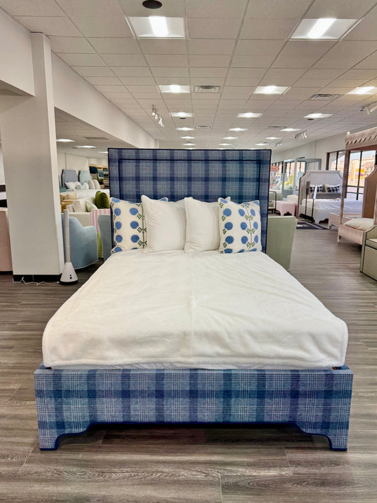 65”H Queen Upholstered Platform Bed - Navy Plaid Fabric - Navy Trim