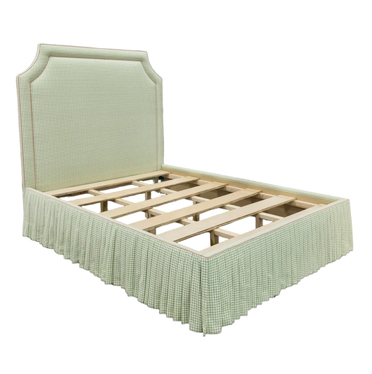 The Addison Queen Bed - Skirted Base - Sage Green Gingham Fabric - Pink Trim