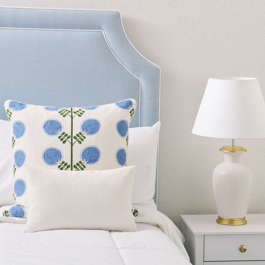 65" H King Platform Bed - Scalloped Legs - Sky Blue Woven Fabric with White Trim