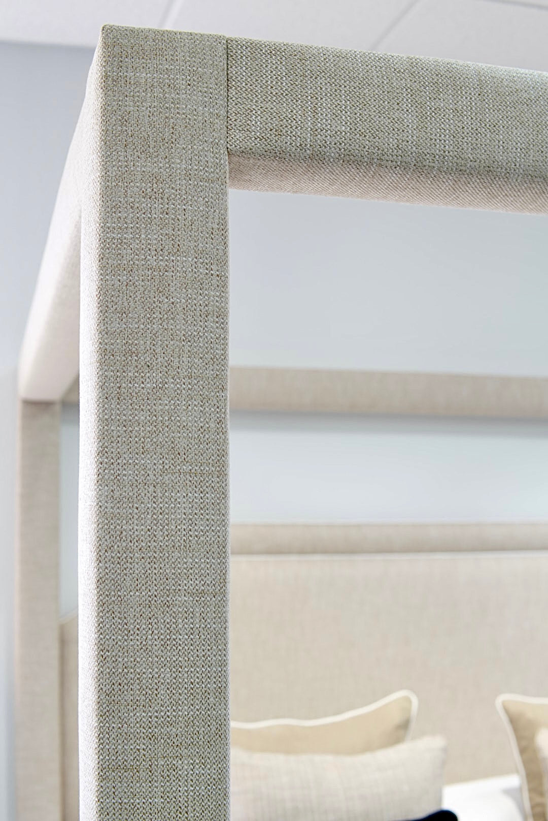 Classic Upholstered King Canopy Bed in Neutral Linen