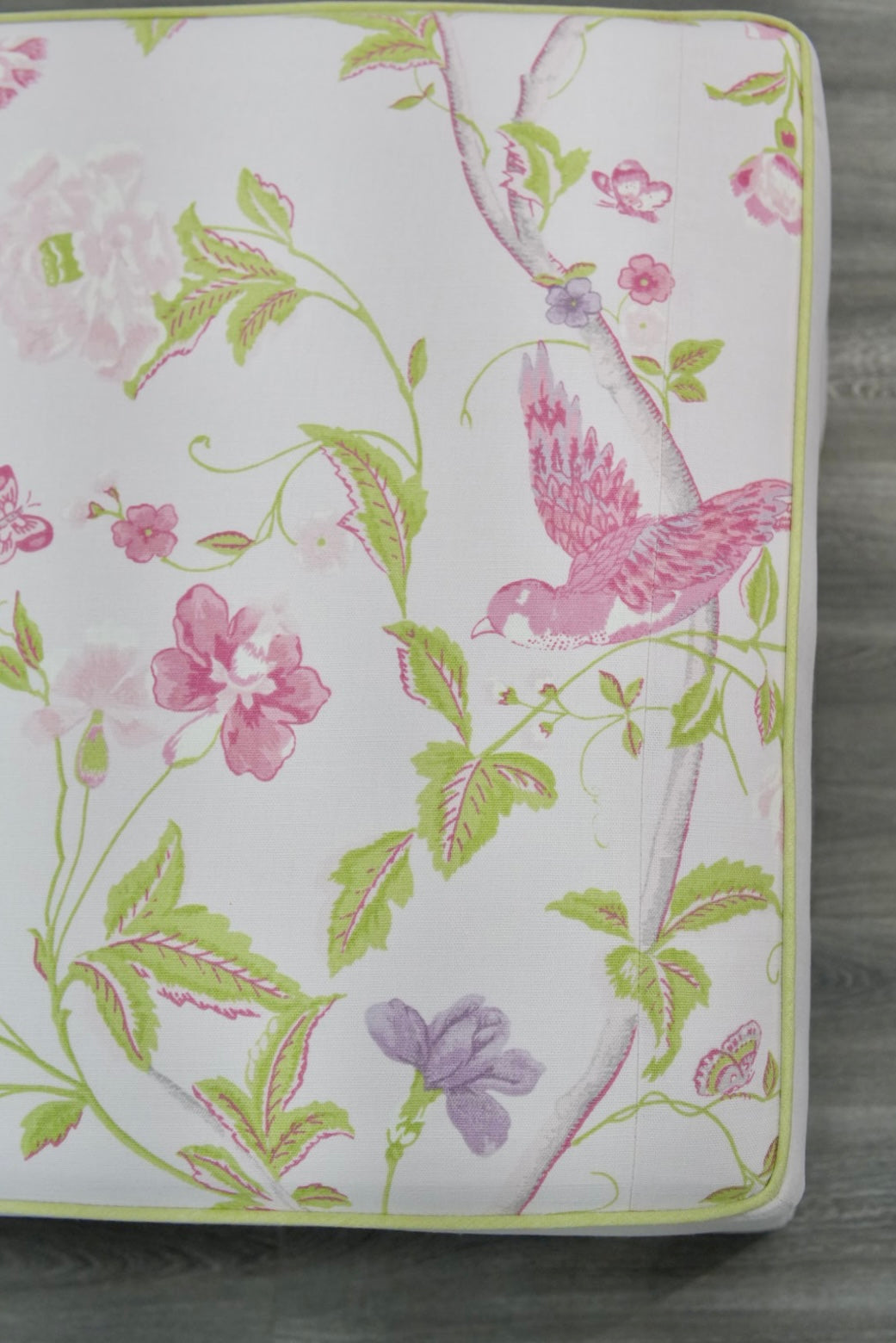 Custom Upholstered Bench in Floral Fabric - Pear Green Trim