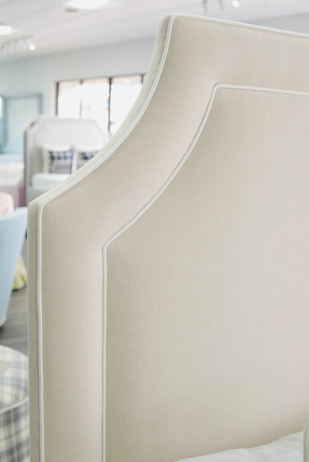 65" H King Platform Bed - Wooden Legs - Oatmeal Woven Fabric - White Welted