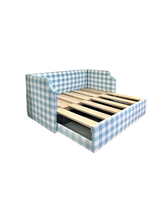 Twin to king Upholstered Trundle Daybed in Buffalo Blue Fabric - Sky Blue Trim