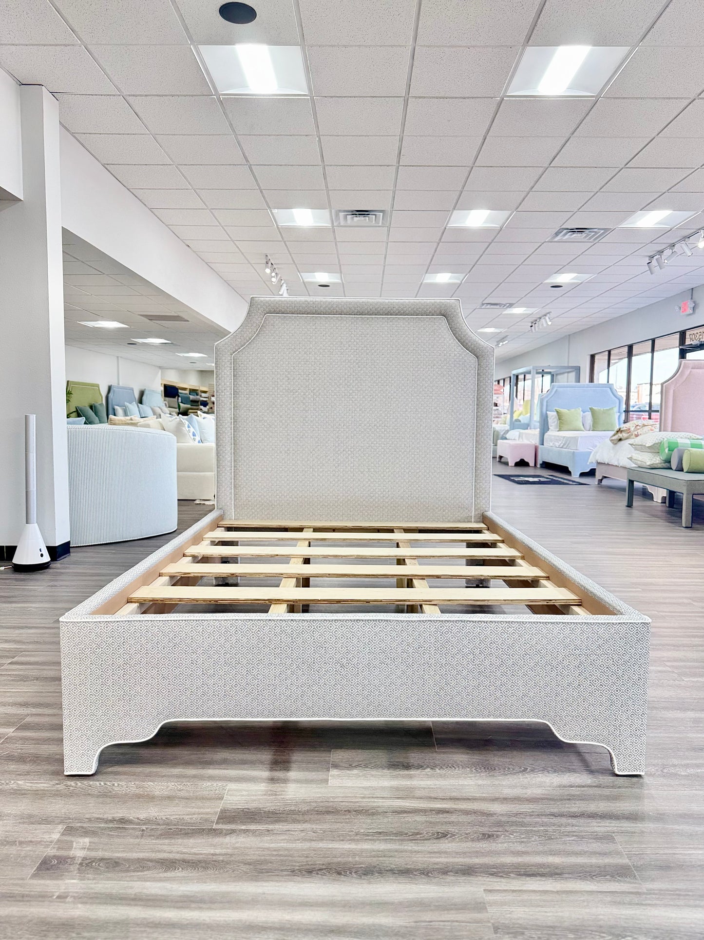 The Addison Queen Bed - Geometric Grey Fabric - White Trim