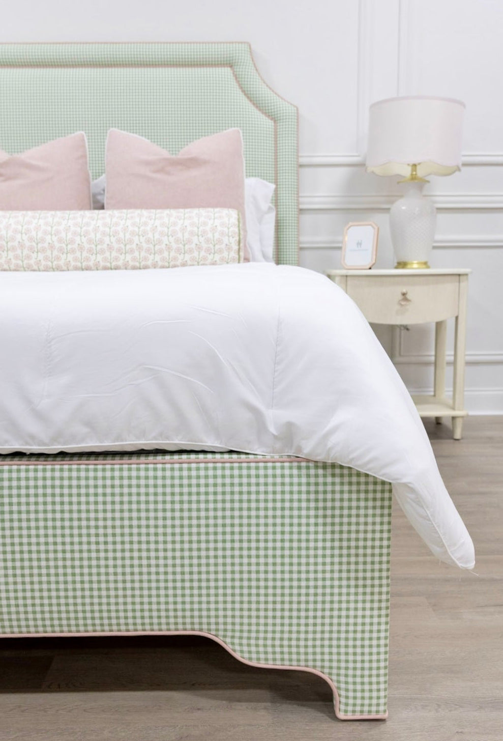65”H Queen Platform Upholstered Bed - Sage Green Gingham Fabric with Blush Pink Trim