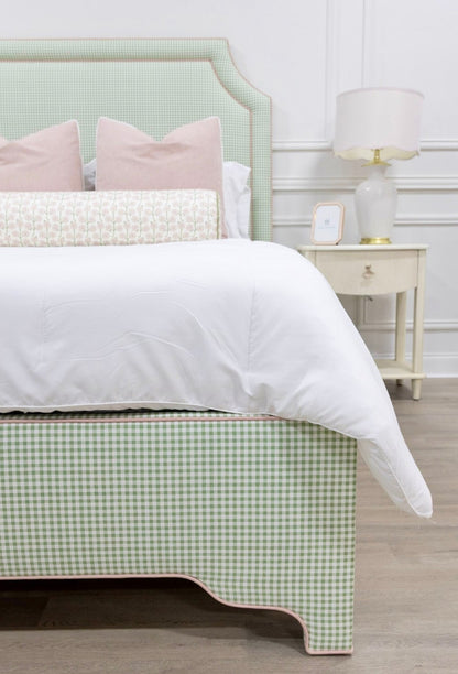 65”H Queen Platform Upholstered Bed - Sage Green Gingham Fabric with Blush Pink Trim