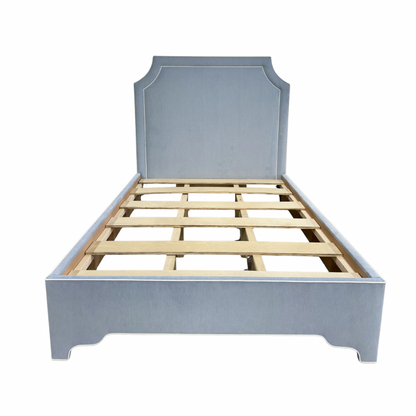 The Addison Queen Bed - Scalloped Legs - Ashley Blue Performance Fabric - White Trim