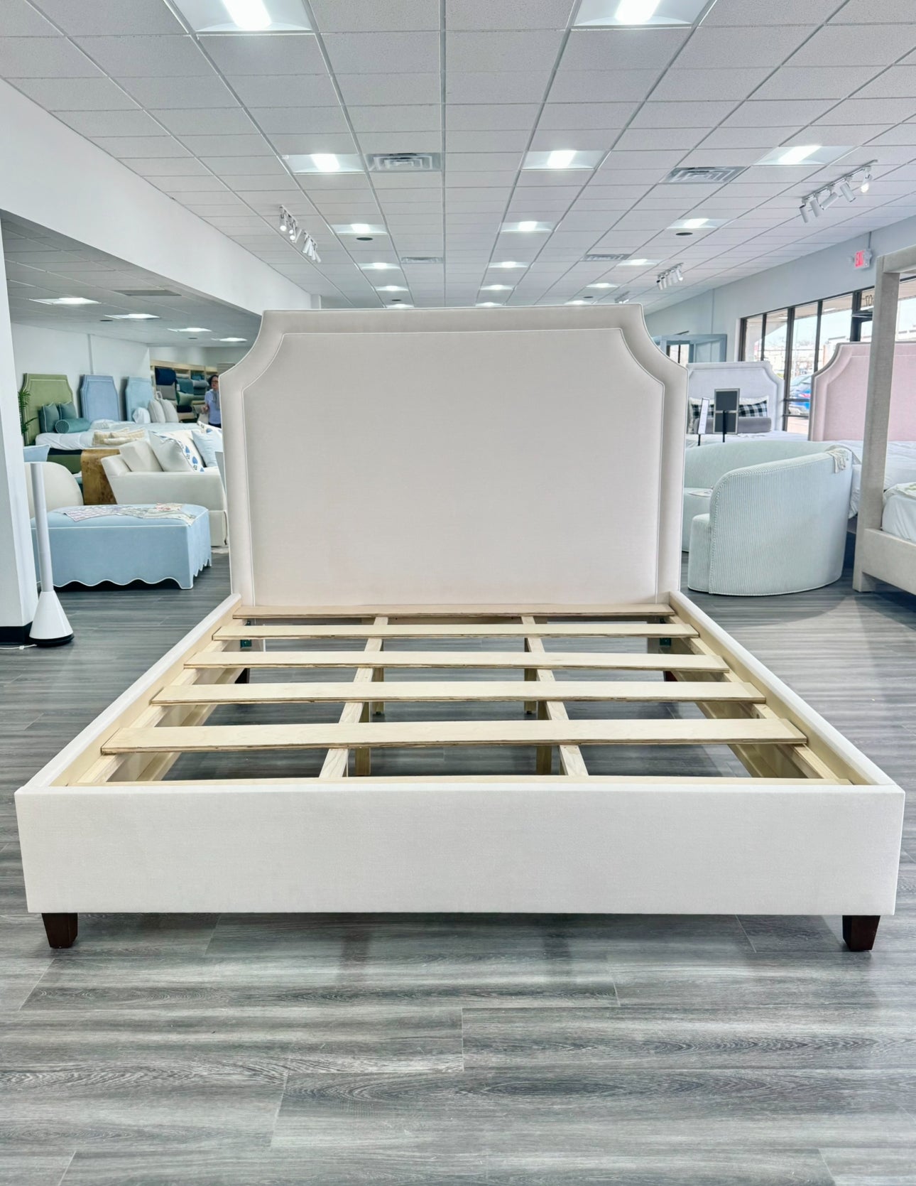 65" H King Platform Bed - Wooden Legs - Oatmeal Woven Fabric - White Welted