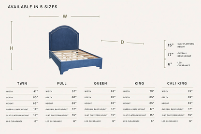 The Grace Queen Bed - Scalloped Legs - Navy Woven Fabric with White Trim