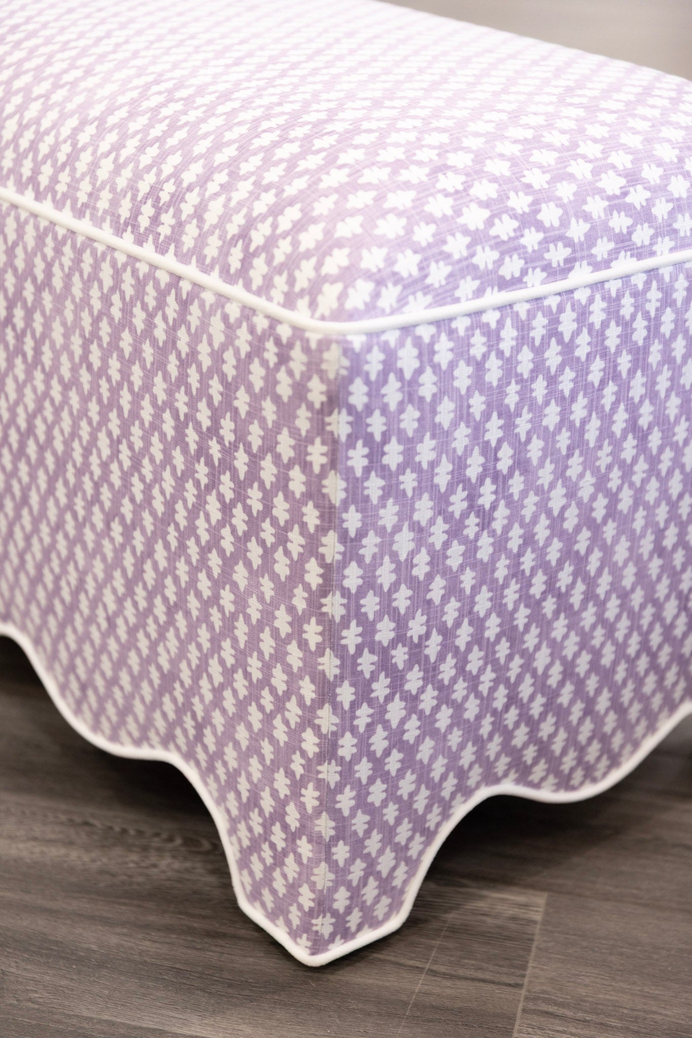 50” L Scalloped End of Bed Bench in Lavender Textured Fabric - White Trim